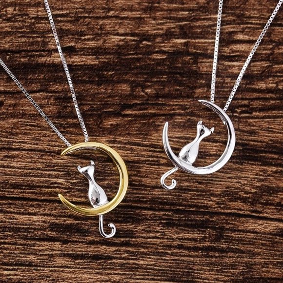 14k Gold Adorable Cat Moon Sterling Silver Necklace - Picture 3 of 16